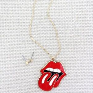 Red Lips Tongue Necklace & Earrings Set | Goldtone Enamel Pendant